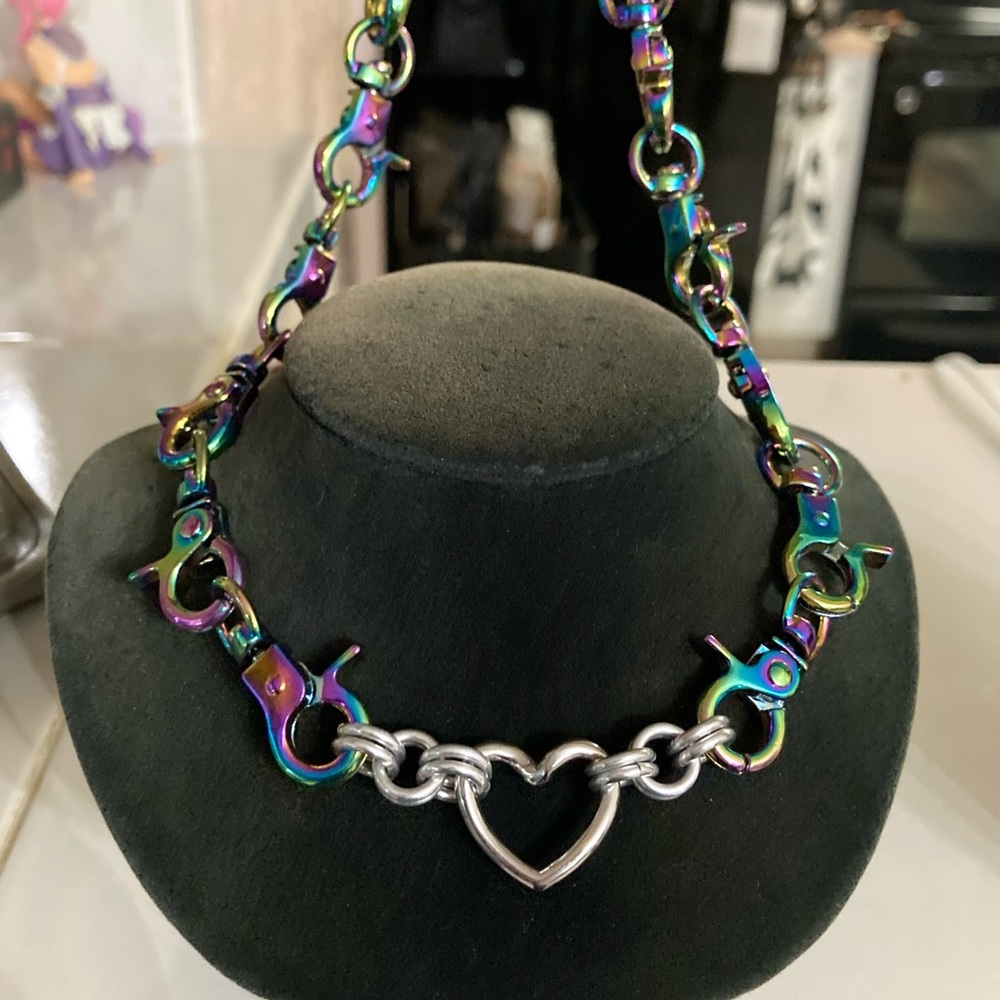 Stainless steel heart choker rainbow clasps goth punk emo chain necklace - Picture 11 of 12